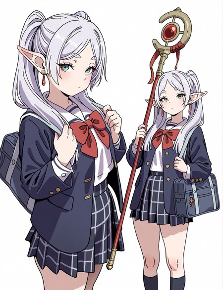 masterpiece,best quality,amazing quality,very aesthetic,absurdres,newest, huge filesize,
<lora:spo_sdxl_10ep_4k-data_lora_webui:0.5>,
<lora:add-detail-xl:1>
 skirt, bag, pointy ears, staff, socks, earrings, school bag, holding, jewelry, school uniform, white background, red bow,
frieren,dark blue jacket, checkered skirt, 
<lora:Yamashita_shunya_STYLE:0.8>  
Yamashita_shunya_STYLE,