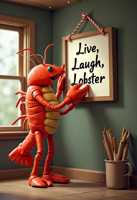 An anthropomorphic lobster is standing in a house, hanging up a framed picture with the cursive text "Live, Laugh, Lobster"