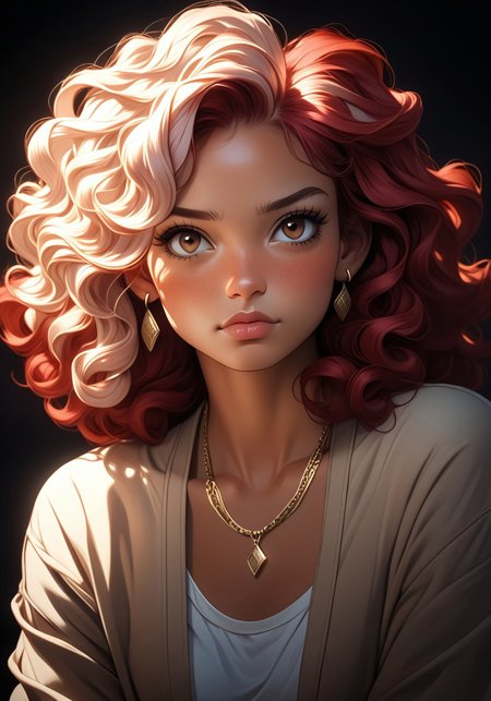 score_9, score_8_up, score_7_up, score_6_up, source_anime, 1girl, solo, (ethnicity:Black),  (detailed clothing:1.2), (accessories:1.1), (detailed skin texture:1.2),  (facial features:1.3), (expression:1.2), (body type:1.1), (pose:1.2) ,  wearing a tan jacket, a light beige shirt, multiple layered necklaces with silver pendants, and large hoop earrings;  curly, vibrant red hair, (detailed hair:1.2),  posed slightly angled to the camera, and looking directly at the viewer;  center focus, shot from slightly below; detailed facial features; soft lighting with depth and shadows;  photorealistic style; digital painting, high detail, 8k;  (detailed wrinkles, and folds of clothing: 1.2),  (detailed hair curls:1.2),  cool color palette;  smooth skin;  dark background;  artistic style.
