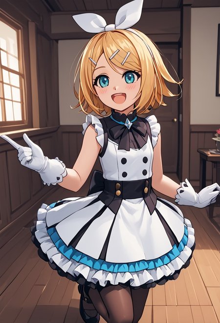 score_4,score_5,score_6,score_7_up,score_8_up,score_9 ((masterpiece,best quality,ultra detailed,highres,HD,4k:1.2)), 
Azure Striker Gunvolt(Main),shining highlights,
1 cute girl,solo,girl focus,solo focus,face focus,
indoors,
KagamineRin,blond hair, short hair, hairclip, white hairband, hair bow,
ribbon on clothes, pantyhose, white gloves, gloves, sleeveless dress, frilly dress, black footwear, black shoes,
smile,happy,open mouth,blush,