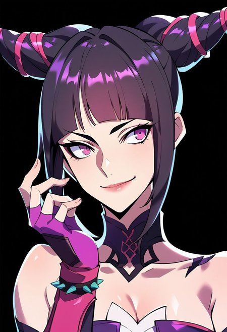 score_9,score_8_up,score_7_up,score_6_up, easynegative, Magnus_PS, 1girl, twintails, black hair, purple eyes, fingerless gloves, bare shoulders, han juri, purple gloves, blunt bangs, closed mouth, lips, cleavage, dress, smile, small breasts, strapless, choker, long hair, upper body, hair ribbon, simple background, looking to the side, looking at viewer, collarbone, black background, collar, epiCPhoto