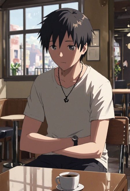 Highres, Masterpiece, High Quality, 4K, 8K, solo, 1Boy, Takaki Toono, adult, black hair, short hair,  cafe, corner cafe, room corner, corner room, hang out, tables, chairs, sofas, pillows, window views, comfortable, coffee cups, casual wear, small simple necklaces, bracelets, watches, easynegative, detailed_eye_model