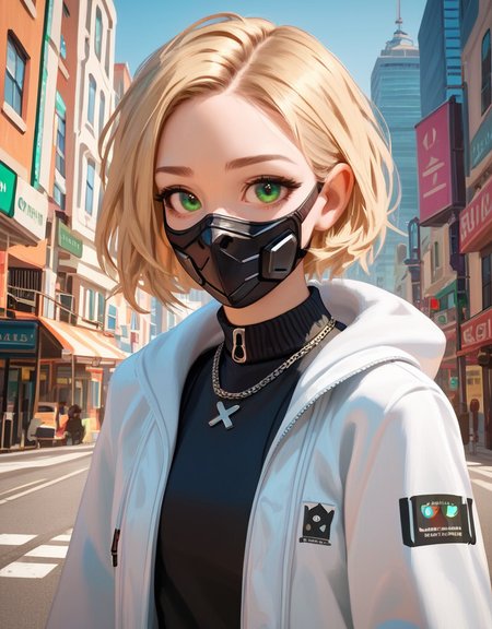 zPDXL2, <lora:TechwearV2:1>, t3chwear, 
1girl, cute face, detailed eyes, short blonde hair, green eyes, black face mask, closeup, city in the background