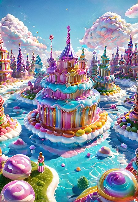 castle,
A traveler looking at a gigantic castle made of dozens of towers, medical, white, grass,floating island, multicolored clouds, castle on top of floating island, Candy