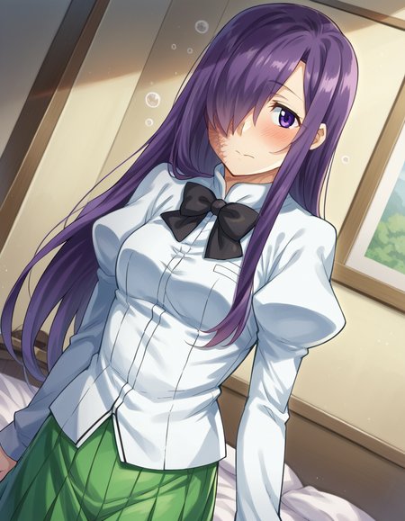 score_9, score_8_up, score_7_up, source_anime,
hanakoikezawa, <lora:hanako-ikezawa-ingame-ponyxl-lora-nochekaiser:1>,
hanako ikezawa, hair over one eye, long hair, purple eyes, purple hair, scar,
pantyhose, school uniform, skirt, shirt, long sleeves, white shirt, juliet sleeves, green skirt, pleated skirt, bow, bowtie, black bowtie,
indoors, bed, bed room, on side, blush, drunk,
looking at viewer, cowboy shot, dutch angle, solo,