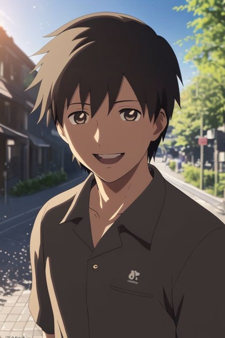 high resolution, solo, best quality, 1Boy, Takaki Toono, Brownish Hair, Brown Eyes, Looking at viewer, happiness, depth of field, half body, outdoor, OverallDetail