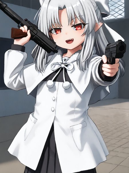 detailed background,
<lora:len.pony:1>
len, shiro,  
<lora:nanako.pony:1>
nanako, 
holding gun, smug, half-closed eyes, aiming at viewer, gun to viewer, open mouth,