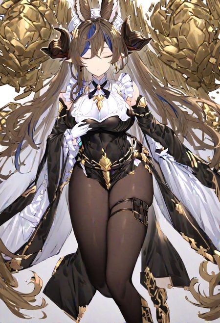 masterpiece, best quality, ultra-detailed, beautiful, nai3, 1girl, solo, full_body, tachi-e, 
galleondef, horns, closed eyes, dress, white gloves, frills, detached sleeves, frilled sleeves, thighhighs, thigh strap, pelvic curtain