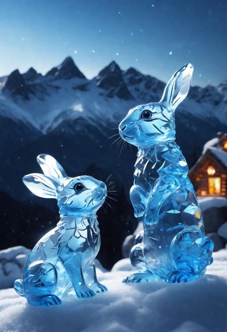 3 cute little blue transparent glass bunnies on snow, Made_of_pieces_broken_glass, transparent, glowing light blue from the inside, dark blue moonless sky in the background, at night, night time, on mountain top, underexposed, 4k, 8k, dynamic composition, high detailed reflections, light refraction, light reflections, shallow depth of field, vignette, highly detailed, bokeh, moody, epic, gorgeous, film grain, grainy, snowing, snowstorm,