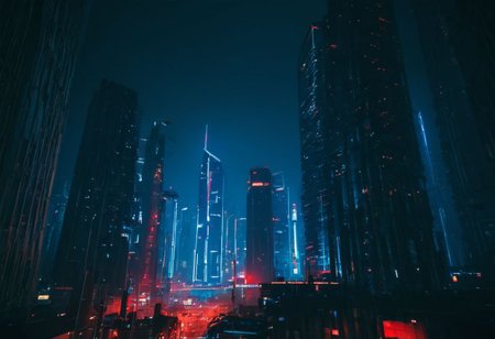 night cityscape, skyscrapers, illuminated buildings, neon lights, urban skyline, futuristic, cyberpunk aesthetic, red and blue tones, low ambient light, atmospheric haze, street lamps, architectural lighting, high-rise towers, city glow, modern metropolis, dynamic composition, wide shot