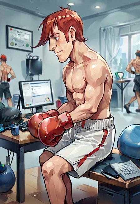 score_8, score_8_up, score_7_up, source_anime, 1boy, solo, male focus, sitting, typing, computer keyboard, chair, desk, gl4ssj0e, boxing gloves, red hair, indoors, topless male, shorts, desk, from side,