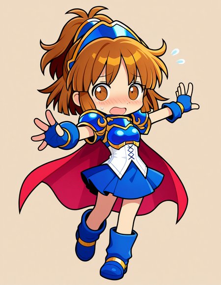 <lora:Puyoarle_SDXL_Illustrious01_fp16_ver04:1>,arleP4, 1girl,solo,brown hair,bangs,hair updo,tiara,blue skirt,red cape, brown eyes, armor, blue boots,cross-laced shirt,fingerless gloves,embarrassed,outstretched_arms,puyopuyo official style,chibi, masterpiece, best quality, very aesthetic, absurdres,<lora:detailed_hands:1>,hand