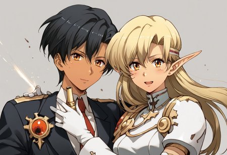 masterpiece, best quality, high quality, aesthetic, absurdres, insanely detailed, "1girl,  <lora:sonia_p_v1.5>,pointy ears,dark-skinned female, Dark skin, Dark elf,,blonde hair, medium breasts, long hair,"  "1boy, holding gun, red eyes, , black hair, gloves, aiming at viewer, handgun" , open mouth,  formal, short hair, blue eyes, hug, white gloves, blush, hetero, holding, suit, looking at viewer, happy, smiling, revolver, white dress, couple, hands on own chest, ,  frills, long sleeves, serious, upper body, finger on trigger, firing, bullet hole, half updo, foreshortening, <lora:chuo-higashi-guchi-style-xl_v1.0:1>