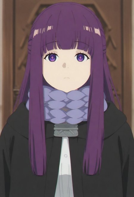 masterpiece, best quality, amazing quality,,, shiny skin,,,,,,, <lora:Fern:1> f3rn, fern (sousou no frieren), long hair, purple hair, blunt bangs, sidelocks, straight hair, purple eyes,, capelet, white capelet,white dress, black coat, purple scarf,