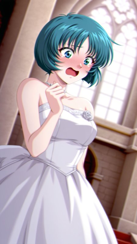 source_anime, general, best quality, masterpiece, 1girl,  <lora:Elis_Radius_ill_v1.0:1> elis_radius\(srw\),green eyes, green hair , short hair,aqua hair, blue hair, blue eyes,wedding dress,chapel, flustered, embarrassed,  dutch angle, dynamic pose,