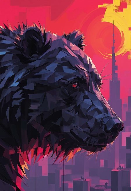 ckbwaw, a digital artwork in the style of ckbwaw, l0wp0ly, in the style of ck-mgs, a grizzly bear seen in side profile, bright eyes, best quality,masterpiece, detailed, UHD, award-winning,vibrant,acid colors,illustration,concept art,surreal,dark fantasy,cinematic,futuristic,technology, hard science fiction, visionary,grimdark,disturbing,closeup,zoomed,hdr,red,yellow,purple,intense atmosphere,tenebrous,rimlight,backlight,