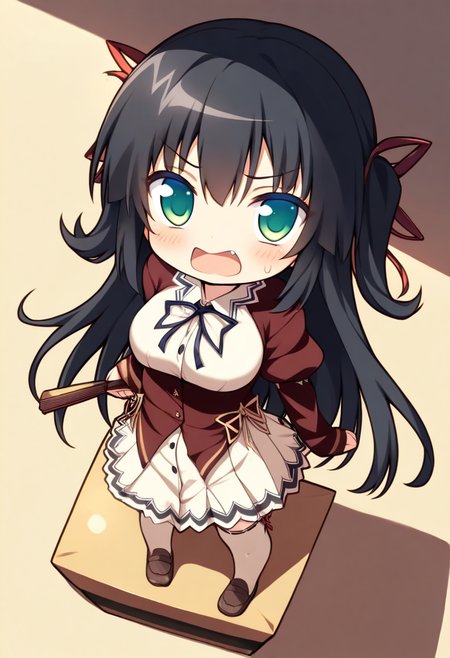 masterpiece,high score,great score,absurdres,<lora:Kiryuuin Rindou_ani4_xl_v1-000010:1>,
1girl,solo,black hair,long hair,green eyes,hair ribbon,looking at viewer,red ribbon,angry,open mouth,blush,kiryuuin rindou,school uniform,standing,chibi only,standing on object,box,holding fan,fang,from above,white thighhighs,pov,height difference,pointing,