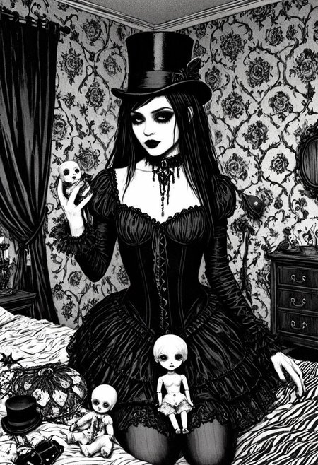 drawing, gothic, digital illustration, flat colors, line art, heavy film grain, black and white, 18 year old pretty goth girl, top hat, holding cracked porcelain_doll, bedroom,   sexy, creative angle, sexy poses