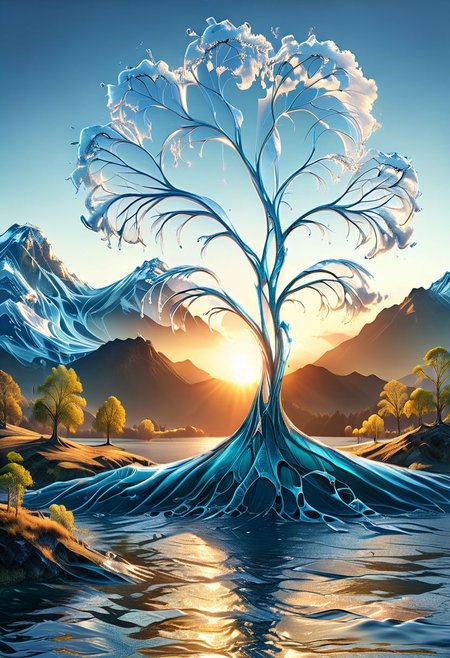 UHD, masterpiece, high quality, extremely details, intricate details, sharp focus, realistic, OverallDetailXL, sss
a tree made of ((water)) ,((ais-wvs)),  lake surrounded by mountains,sun sunlight, sunray ,sunset