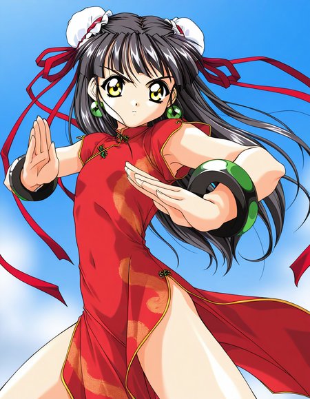 masterpiece, best quality, good quality, <lora:Kounyan_Spiral_NAMI_IS:1>Kounyan, black hair, long hair, double bun, hair bun, bun cover, yellow eyes, ribbon, earrings, flat chest, green jewelry, 2000s \(style\),anime coloring,  short_stack,
1girl, solo, chinese clothes, china dress, red dress,
 fighting stance, bracelet, short hair,
blue sky,