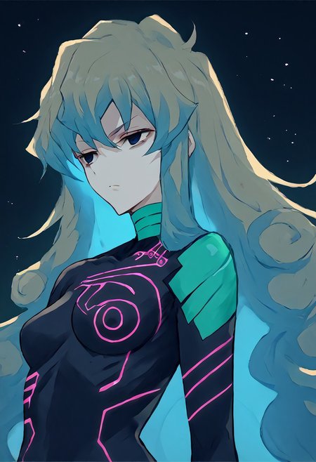 score_9, score_8_up, score_7_up, score_6_up, score_5_up, score_4_up, source_anime, 1girl, solo, 
antispiral nia, very long hair, two-tone hair, blue dark eyes, expressionless, glare, narrowed eyes, empty eyes, bodysuit, neon trim, 
masterpiece, best quality, very aesthetic, absurdres,