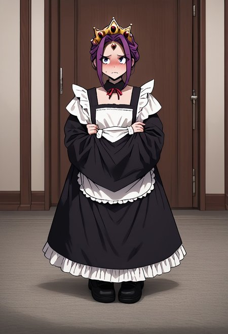MIRELLIA Q MELROMARC, CROWN, TIARA, maid, full body, ShrinkingConcept, shrinkingclothing, oversized clothes, shrinking, full body, child, small