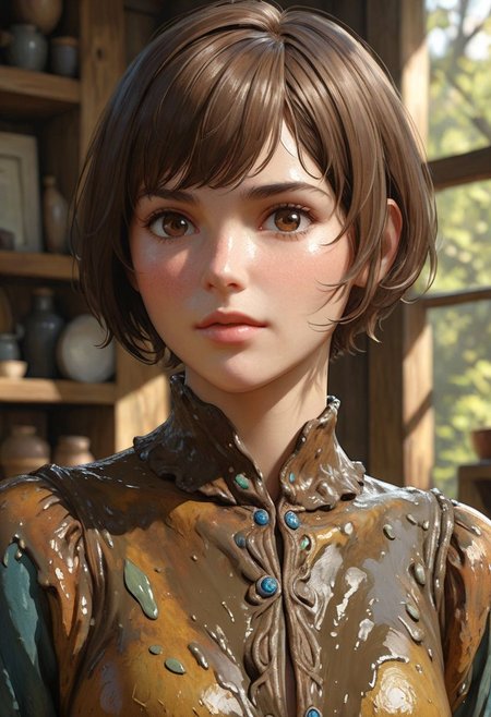 "Bill Willingham" Style.
Title: "Feminine Mud Elemental".
She's made of pure Mud.
She's staring the viewer, cute expression.
She has hot-brown hair, pixie haircut.
Pristine Aesthetic.
Life-like details.
Cinematic. 
Dramatic. 
Dynamic. 
Extremely refined lines and and shapes.
Extremely refined details on objects.
Sharp details.
Wide range of colors.
Many details everywhere. Ray-Tracing. Anti-Aliasing. Realistic soft shadows. Low saturation colors. Insane quality. Insane resolution. Insane details. Masterpiece. 32k resolution.