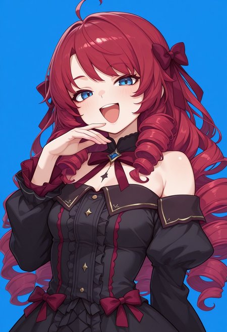 1girl,solo,cute,
natalie, long hair, curly hair, red hair, blue eyes, pale skin,ahoge, waist-length hair, thick hair,gothic dress, dress, long sleeves, off shoulder, ribbon, frills, red bow, black dress, two-tone outfit, red and black color scheme
ojou-sama pose,smile, open mouth, laughing,
looking at viewer,portrait
Simple blue background,(soft focus:1.3), 
masterpiece, amazing quality, best quality, ultra-detailed, 8K, illustration, CG, shiny hair, clear skin, ultra-detailed-eyes, eyelashes, highly detailed,