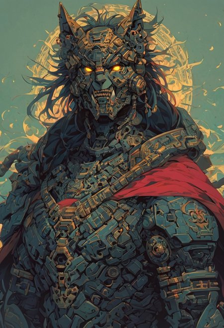 score_9,score_8_up,score_7_up, solo, 1man, upper body, (Kotal Kahn), (nephrite armour), (teal armour), simple neon background, no humans, glowing, glowing yellow eyes,  jaguar helmet, (obsiadian black ornaments), (obsiadian elements), jaguar fangs, robot, aztec, mecha, aztec god, blood red cloak, cyberpunk outfit, soldier, heavy weaponized, aztec warrior, aztec tatoos, aztec warpaint, macuahuitl, science fiction, cyborg, mechanical parts, humanoid robot, bulky, sinozick style, flat color, dark theme, cowboy shot, Expressiveh