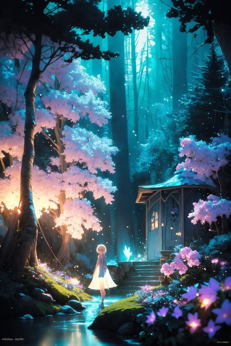 ( detailed realistic background:1),
( official art, beautiful and aesthetic:1 ),
realistic lighting,
cinematic lighting,
hyperrealism,
soothing tones,
muted colors,
high contrast,
soft light,
sharp,
artistic photoshoot,
<lora:FeyAndFairies-11:0.8>FeyFa, , forest, trees, middle, path, waterfall, through, background, stream, flowers, lights, running, in the foreground stands a fairy in front of her fairy house, light,( cute, petite ),
slender,
european,
pale cheeks,
square face shape with angular jaw,
natural "no-makeup" makeup,
big breasts,
,
platinum blonde hair ,
pixie cut hair  ,wearing a see-through gossamer fairy short dress,
night time, darkness,