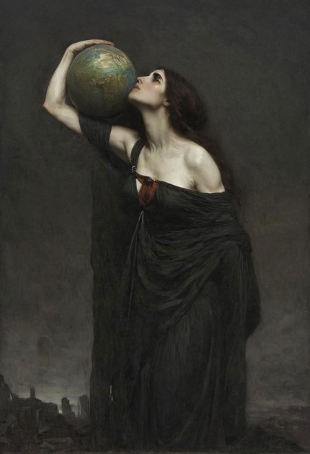 Carrying the Planet earth on her shoulders, John William Waterhouse Style page, liminal, female Atlas, bowing down towards the camera with the world on her shoulders, Explore the somber tones and bleak atmosphere in your depiction, emphasizing the eternal struggle and futility of her task from a side perspective.