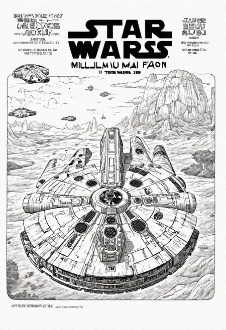 Manga book cover of star wars Millennium Falcon, side view, book cover with text "Star Wars", Akira toriyama style , blank background , full colour, hand drawing