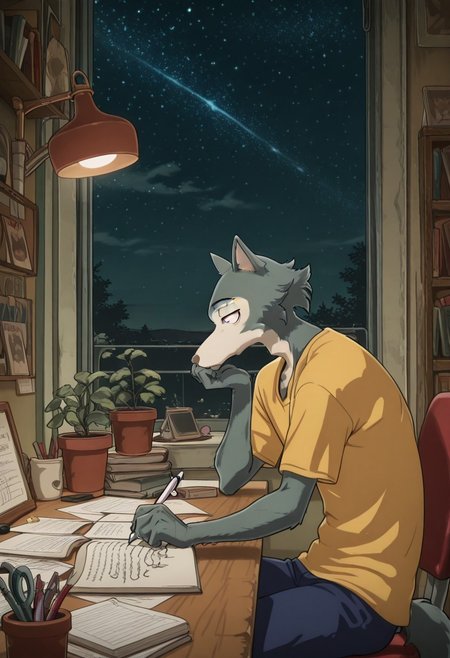 masterpiece, best quality, BREAK, 
Legoshi, anthro, wolf, beastars, scar on right brow, mature male, animal ears, grayish blue fur, brown eyes, athletic build, 
yellow t-shirt, blue pants, 
sitting, side view, desk, chair, book, bookshelf, head rest, holding, holding pen, lamp, night, open book, pen, plant, potted plant, sky, star (sky), starry sky, window, windowsill, writing, <lora:LofiGirl_Style_IXL:1.0>,
