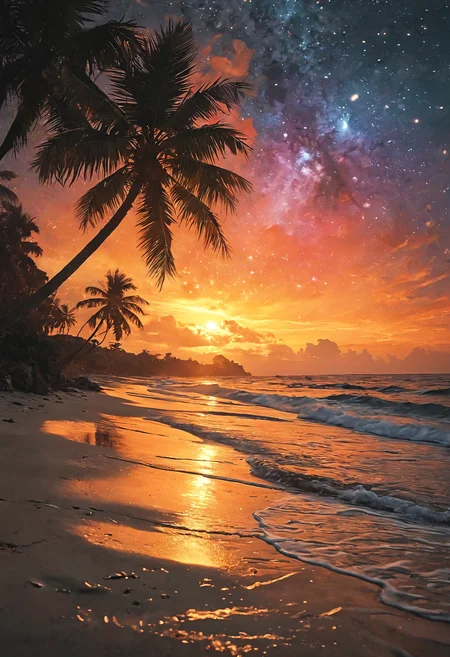 Step onto the shores of a magical otherworldly tropical beach under the cover of night, where the air crackles with anticipation and the sky ignites with a kaleidoscope of colors. As fireworks burst overhead in a mesmerizing display of light and magic, the sands shimmer with an ethereal glow, casting enchanting shadows upon the waves that lap gently against the shore. Palm trees sway in the warm breeze, their fronds painted with vibrant hues that dance in the moonlight, while the stars above twinkle with a brilliance reserved for dreams. In this surreal and vivid landscape, the senses come alive, and the very essence of magic hangs in the air, beckoning all who witness its beauty to embrace the wonder of the night<lora:add-detail-xl:0.5> <lora:sss:1> <lora:MJ52:0.5>