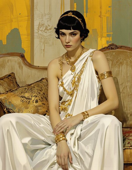 Art by Richard Anderson. A digital illustration shoot from a portrait camera angle about a stylized depiction of a regal figure seated elegantly on a couch, wearing a white dress with gold accents. the image also shows a woman in the middle of the image, who appears to be in her late 20s, with short black hair styled in a bun and wearing a golden crown on her head. she has a serious expression on her face and is looking directly at the viewer. the woman is seated on a beige couch with a patterned cushion, and the background is a soft, abstract yellow and green color scheme with a textured, grungy texture. the overall style is reminiscent of ancient egyptian art, with a focus on the woman's elegant and sophisticated appearance.