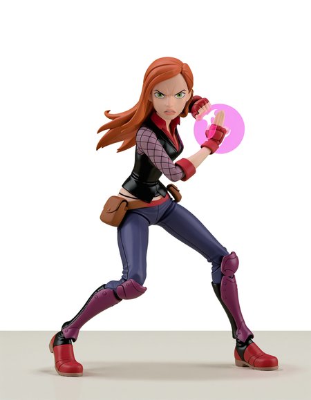 full body, solo, perfect composition, shadows, shading, <lora:Figure:1> figure, very aesthetic, absurdres, zPDXL, <lora:Pony_DetailV2.0:0.5> <lora:illustrious_quality_modifiers_masterpieces_v1:1>
<lora:g73n10af:1> g73n10af, 1girl, green eyes, long hair, orange hair, female focus, looking at viewer, serious, fierce expression, defined lips, posing, fighting pose, bent knees, magic, glowing hands, purple glow, 
shpdn_outfit, black vest, purple armor piece, pouch, gloves, fingerless gloves, fishnets, shin guards, boots
(white background:1.2),