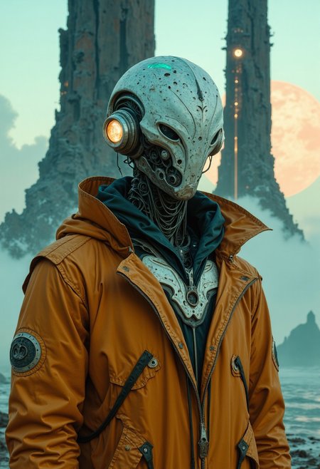 the scene is imbued with faded neon hues of the 80s, washed-out pastel tones, and dystopian beige and gray. In the foreground stands the decayed yet strikingly intricate form of a wired cyborg. Its metallic finish, weathered with bleaked orange and green hues, is accented by muted neon highlights of pink, cyan, and violet. The cyborg's hull is outworn and rusted with age, while translucent glass elements shimmer faintly in the spectral twilight. Seams and exposed wiring reflect a melancholic glow, and antennas sprout from its head, lending it a haunting yet mesmerizing presence. It wears a high-collared, reinforced parka with a utilitarian resilience, its fabric frayed and dusted with ash. Behind this relic of a bygone era, a massive abyss looms in the vastness of outer space, tinted with a pale, dusty pink and shadowy blue. Two towering structures of black metal rise ominously into the high clouds, their modern-medieval design illuminated by faint reflections of pastel neon light. Sharp geometric angles contrast with massive windows that catch the dying rays of the dim orange sun. vantablack, vastyle, in the style of ck-ncr,, a photo of, in the style of franck-bohbot,