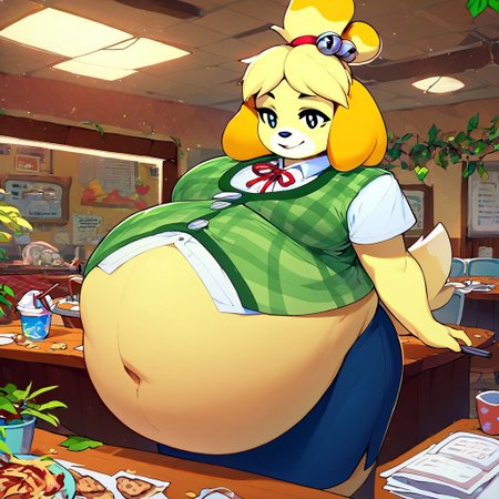 score_9, score_8_up, score_7_up, 
1gir, solo, isabelle \(animal crossing\), plaid vest, blue skirt, white undershirt, short sleeves, leaf pattern, button up, hair bell, jingle bell, hair ornament, hair tie, neck ribbon, looking Dizzy, Eyeliner, Messy Table, Restaurant, Gigantic Belly