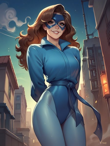 score_9, score_8_up, score_7_up, 1girl, arms behind back, sexy, dynamic pose, smile, cute pose, solo, detailed background, looking at viewer, wide shot, cowboy shot, (v:1.1), night, city, industrial pipe, smoke around, from below,
<lora:KittyPryde_character:0.8>, KittyPryde, brown hair, long hair, brown eyes, makeup, blue leotard, bodysuit, pantyhose, (mask:1.1), puffy sleeves, long sleeves, gloves, sash, cartoon,  <lora:Bonifasco_PonyXL_v1:0.65>