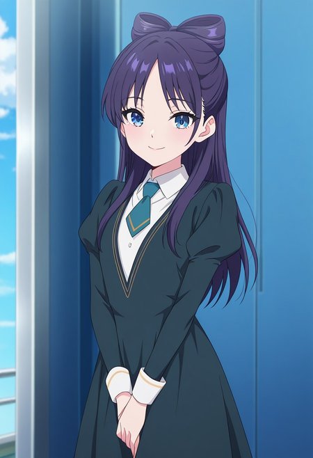 (absurdres, best quality, masterpiece:1.4), amazing quality, highres, newest, detailed, detailed body, detailed face, source anime, anime coloring, beautiful, petite, 
BREAK
WWNemu, 1girl, solo, standing, smile, NemuAniHu, dark purple hair, bow-shaped hair, parted bangs, half updo, blue eyes,  v-neck dress, white inner collared shirt, Short necktie, juliet sleeves, long skirt