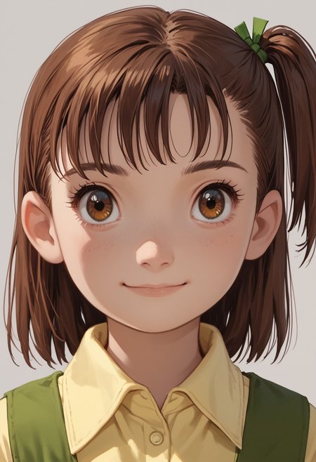 score_9, score_8_up, score_7_up, score_6_up, score_5_up, score_4_up, JeriKatou, 1girl, solo, brown hair, side ponytail, brown eyes, light smile, portrait,  green dress, yellow collared shirt,