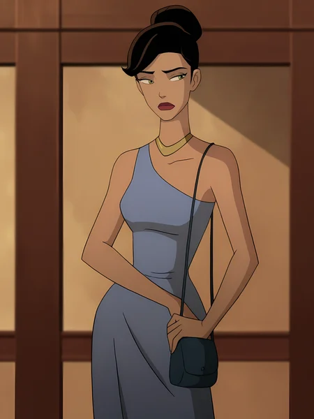 <lora:Rebecca_Holiday:0.8>, rebecca_holiday, 1girl, solo, green eyes, brown hair, hair bun, red lips, gold necklace, blue dress, evening gown, handbag, narrowed eyes, frown, looking to the side, standing, contrapposto, holding, cowboy shot, indoors, ballroom
