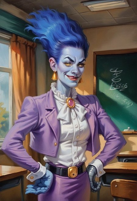score_9_up, score_8_up, score_7_up, score_6_up, 1girl, solo, HM_Crone, blue hair, blue skin, yellow eyes, purple jacket, white blouse, white cuffs, earrings, bow, belt, purple skirt, metal left hand, upper body shot, hands on hips, smug smile, indoors, in a classroom, (realistic, Painted art)