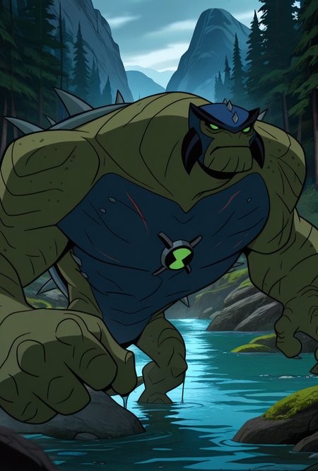 <lora:ulthum-09:1> ulthum, spikes, solo, no humans, green eyes, green skin,, , 1boy, , blue helmet  , dynamic pose, cinematic,  <lora:primal-guy90-Illust-Lycorisv1:1> lamirp, forest, river, coming out of water, water dripping, giant, worm view, from bottom, moss, scars, battle marks, giant, kaiju, mountains,, masterpiece, best quality, amazing quality, very aesthetic, absurdres, newest,