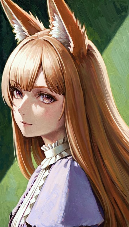 ultra detailed, absurd res, high res, extremely detailed, good quality, film grain, (cinematic angle:1.2), [realistic::0.1], from behind, looking back, close-up, 
perspective, best quality, <lora:StS_age_slider_v1_initial_release:1.5>,<lora:hand 4:0.5>
(fox girl:1.1), (fox ears:1.2), [ginger:blonde:0.2] hair, long hair, hime cut,sidelocks,blunt bangs,straight hair, brown eyes,(violet dress:1),puffy sleeves,small breasts, skinny, [embarrassed:0.9], light smile,neck,(sexy:1.2),(tsurime,narrowed eyes:0.5),open mouth, [(yaeba:1):0.1], blurry background,([green|yellow]:1.3) background,shadow,<lora:Oil_painting:0:1.4>,[(oil painting \(medium\):1),(paper texture:1):0.1]