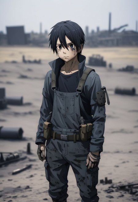 high resolution, professional photography, best quality, 1Boy, Kirigaya Kazuto, Black Hair, Black Eyes, overalldetail, shallow depth of field, Post-Apocalyptic, survival