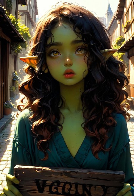 score_9, score_8_up, score_7_up, 1girl, goblin, dark green skin,  solo female focus, large pointed ears. skinny, wild red hair, long hair, loose curly hair, green skin, freckles, Freckled ass, beautiful yellow eyes, small breasts, brown loin cloth, chest wrap. Pouting lips. Blushing, cute pout, expression. Holding wooden sign, "starving goblin  need buzz" messy writing. Looking up at viewer.
Medieval town street. Bright sunny day