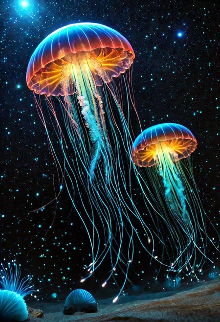 masterpiece, best quality, high resolution, absurdres, ultra-detailed, intricate details, ultra detailed, 8k, highly detailed, very aesthetic, professional 4k, Canon 5d mark 4, extremely detailed, very_detailed, high_detail, sharp focus, clean lines, perfect anatomy, realistic style,  
(cute jellyfish:1.1) illuminated by bioluminescent feathers. glowing feathers, casting a soft, ethereal light. 
The overall atmosphere is serene and magical, with a starry night sky visible.
black background, 
film grain, cinematic, colorful, moody lighting, natural light, soft light, depth of field, bokeh, light particles, backlight, chiaroscuro, refraction, subsurface scattering