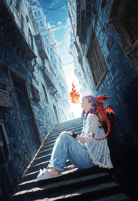 masterpiece, best quality, amazing quality, very aesthetic, absurdres, newest, 8k, nistyle, Studio Ghibli Dark Fairytale,
BREAK,
1girl, purple hair, lace ringlets, lace shawl, lace wrist cuffs, sitting, pajama bottoms, legs together, animal slippers, backlighting, tiny red dragon on shoulder, cute red dragon, face focus, closeup, legs spread, looking at viewer, head back, breathing fire,
BREAK,
stairs, stoop, outdoors, alley, door, blue theme, background city, glowing sky, modern fantasy art, dramatic, daylight, well lit, dynamic angle, detailed background, dramatic lighting, depth of field, volumetric lighting