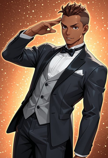 masterpiece, best quality, amazing quality, dutch angle, dynamic angle, abstract background, BREAK
1boy, solo, male, sf_sean, dark skin, brown hair, brown eyes, tuxedo, formal, bow tie, BREAK
<lora:cfg_scale_boost:.6>,  <lora:Sean_Matsuda_-_Street_Fighter_-_ILXL:1>